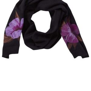 J. Jill Black Wool Scarf with Purple Floral Embroidery